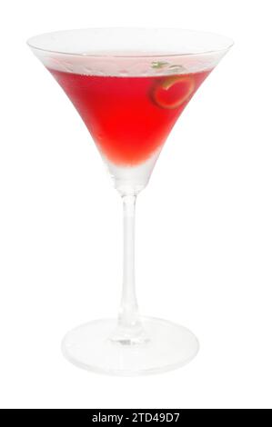 Cosmopolitan Drink Cocktail direkt oben auf Martini Tasse mit Limettenschale isoliert auf weißem Hintergrund, Lebensmittelfotografie Stockfoto