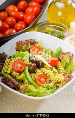 Frischer, gesunder, hausgemachter italienischer Fusilli-Pasta-Salat mit Parmesan, pachino-Kirschtomaten, schwarzen Oliven und gemischtem Gemüse, gewürzt mit Stockfoto