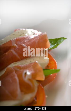 Panini-Sandwich mit frischer Caprese und parmaschinken, Lebensmittelfotografie Stockfoto