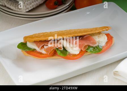 Panini-Sandwich mit frischer Caprese und parmaschinken, Lebensmittelfotografie Stockfoto