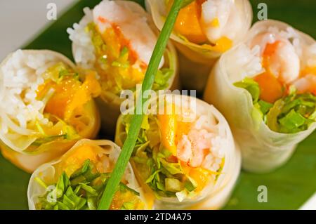 Frische Sommerrollen im vietnamesischen Stil, auf Palmblatt, Lebensmittelfotografie Stockfoto