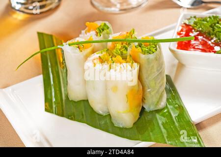 Frische Sommerrollen im vietnamesischen Stil, auf Palmblatt, Lebensmittelfotografie Stockfoto