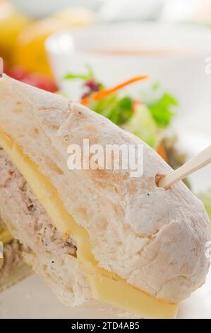 Thunfisch- und Käsesandwich mit frischem gemischtem Salat, LECKERES ESSEN IM PORTFOLIO, Lebensmittelfotografie Stockfoto