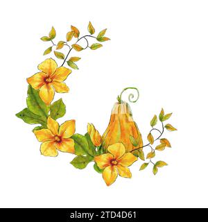 Kürbis. Kürbiskranz mit Blumen und Blättern. Digitales Aquarell. Abbildung isoliert auf weißem Hintergrund. Thanksgiving und Halloween. Stockfoto