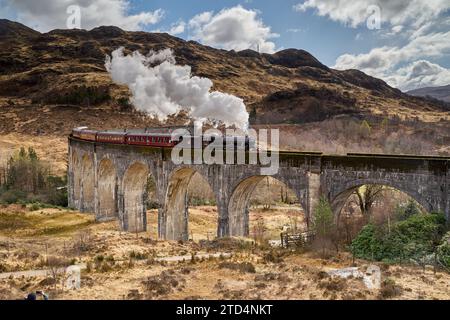 Der Jakobitenzug fährt über den Glenfinnan Viaduct, Highlands, Schottland. Berühmt durch die Harry-Potter-Filme. Stockfoto