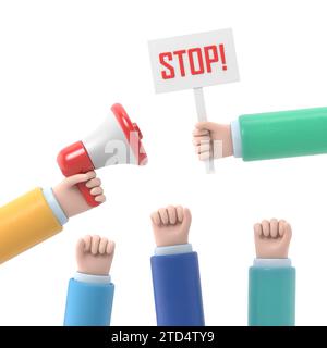 Zeichentrickhände von Dämonstranten und Hand mit Megaphon und Stoppzeichen, Protestkonzept, Revolution, Konflikt, 3D-Rendering auf weißem Hintergrund. Stockfoto