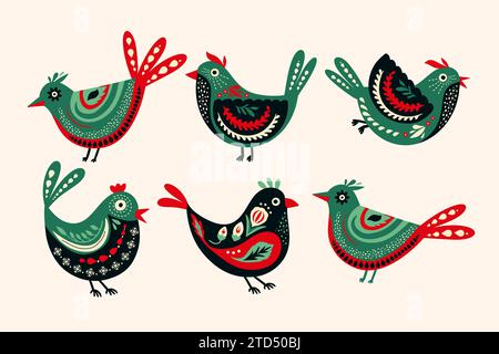Folk Art Vogel Vektor Set. Skandinavische Norge Sticker Cartoon Doodle Folk Boho Kollektion. Stock Vektor