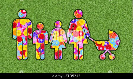 Piktogramm von Familie, Mann und Frau, mit drei Kindern, Tochter und Sohn und Baby im Kinderwagen, gestaltet mit bunten Blumen auf grünem Hintergrund, gr Stockfoto