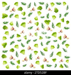 Gesunde pflanzliche Nahrung nahtlose Muster. Salat, Dill, Knoblauch. Konzept der gesunden Ernährung Stockfoto