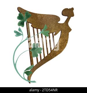 Eine goldene keltische Harfe mit einer weiblichen Silhouette, verwickelt in einem Kleeblatt. Symbol von Irland. St. Patrick's Day. Isolierte Aquarellillustration Stockfoto