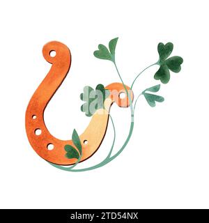 Ein goldenes Hufeisen, verwickelt mit einem Kleeblatt. Symbol für Glück. Isolierte Aquarellillustration auf weißem Hintergrund. Clipart. Stockfoto