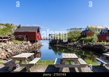 Rote traditionelle Holzhütten (Rorbu) auf den felsigen Küsten von Moskenes, Lofoten Inseln, mit einem klaren Sommerhimmel über Norwegen Stockfoto