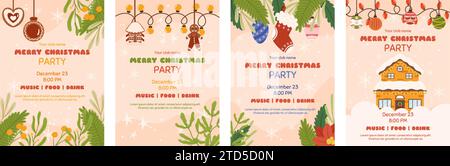 Weihnachtsposter-Vorlage mit Kopierraum, Einladung zur Weihnachtsfeier. Vertikaler Flyer dekoriert mit Fichtenpflanzen Zweige, Baumspielzeug, helle Girlande, Stock Vektor