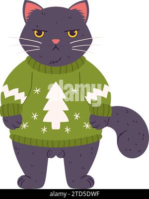 Eine verärgerte Katze steht in einem Weihnachtspullover. Grumpy flauschige braune Katze mit grünem Pullover und einer Zeichnung einer Kiefer darauf. Stock Vektor