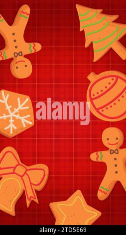 Rote Weihnachtsgeschichte-Rahmenschablone mit Lebkuchenmann, Baum, Spielzeug, Schneeflocke. Stock Vektor