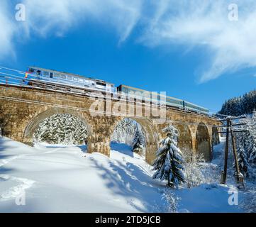 Steinviadukt (Bogenbrücke) auf der Eisenbahn durch schneebedeckten Tannenwald. Schnee driftet auf dem Weg und Raureif auf Bäumen und elektrischen Leitungen. Stockfoto