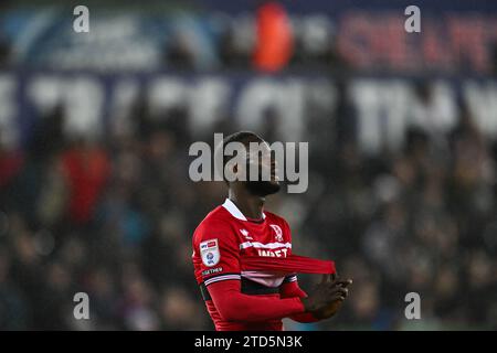 Emmanuel Latte Lath #9 von Middlesbrough reagiert während des Sky Bet Championship Matches Swansea City gegen Middlesbrough im Swansea.com Stadium, Swansea, Vereinigtes Königreich, 16. Dezember 2023 (Foto: Craig Thomas/News Images) in , am 16.12.2023. (Foto: Craig Thomas/News Images/SIPA USA) Stockfoto