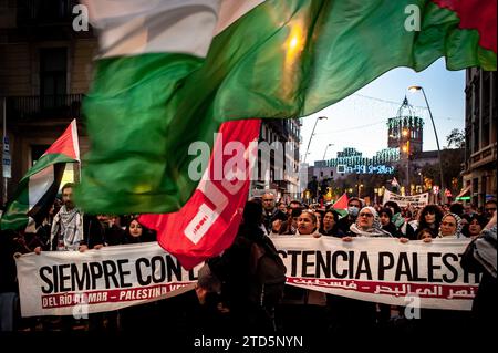 Barcelona, Spanien. Dezember 2023. In Barcelona gehen Menschen, die palästinensische Fahnen schwenken und Parolen gegen Israel rufen, auf die Straße während eines marsches, der von mehreren Organisationen zur Unterstützung des palästinensischen Volkes einberufen wurde. Quelle: Jordi Boixareu/Alamy Life News Stockfoto