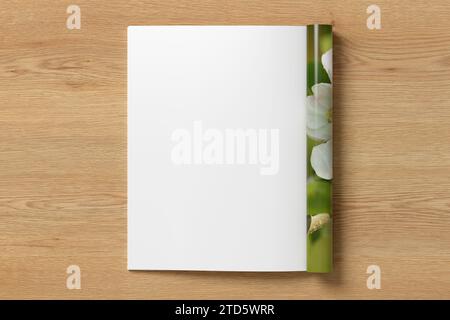 Linkes Seitenmodell des Magazins auf hölzernem Hintergrund. 3D-Abbildung Stockfoto