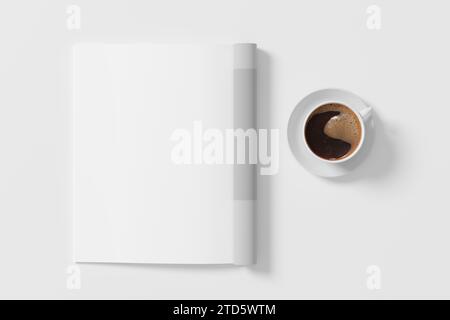 Das linke Mockup des Magazins und eine Tasse Kaffee auf dem weißen Schreibtisch. 3D-Abbildung Stockfoto