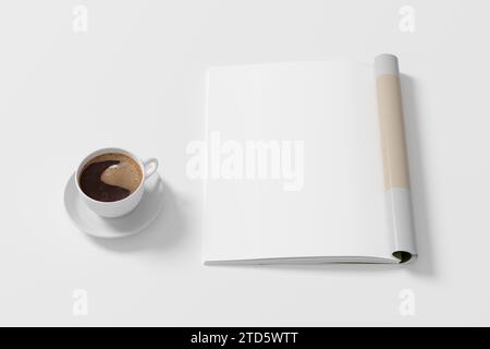 Das linke Mockup des Magazins und eine Tasse Kaffee auf dem weißen Schreibtisch. 3D-Abbildung Stockfoto