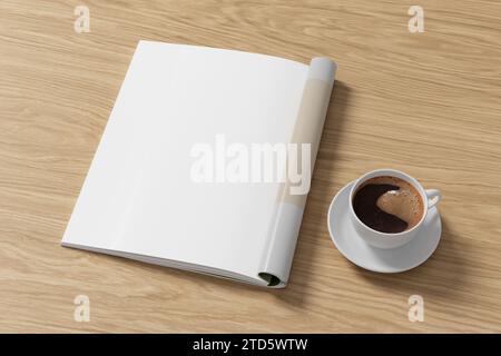 Das linke Mockup des Magazins und eine Tasse Kaffee auf dem Holztisch. 3D-Abbildung Stockfoto