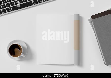 Linke Seite des Magazins auf weißem Schreibtisch. 3D-Abbildung Stockfoto