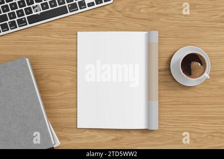 Magazin linke Seite Mockup auf hölzernem Schreibtisch. 3D-Abbildung Stockfoto