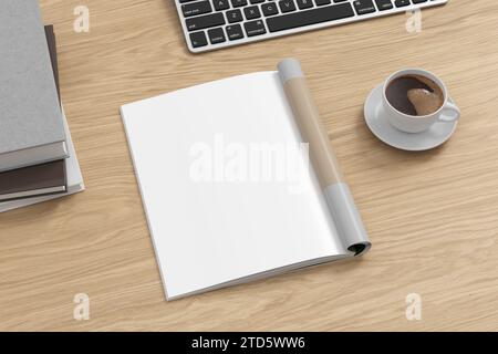 Magazin linke Seite Mockup auf hölzernem Schreibtisch. 3D-Abbildung Stockfoto