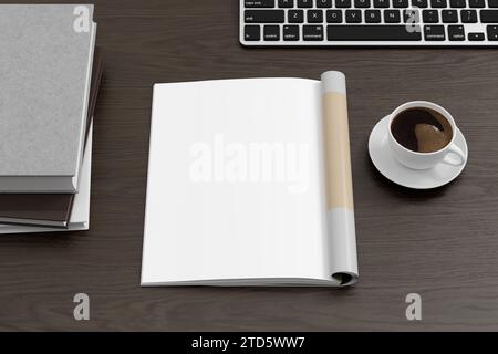Linkes Seitenmodell des Magazins auf schwarzem Holzarbeitstisch. 3D-Abbildung Stockfoto