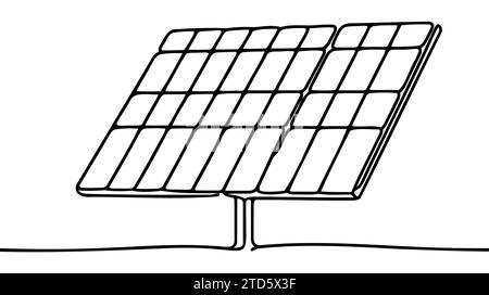 Eine durchgehende Linienzeichnung des Sonnenkollektors mit Sonne. Umweltfreundliche saubere Energie und erneuerbare Ressourcen in einfacher linearer Form. Kraftwerk und Umweltschutz sparen Stock Vektor