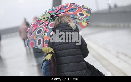 Eine Frau geht bei Hamburger Schietwetter mit einem Regenschirm die Jan-Fedder-Promenade entlang. Altstadt Hamburg *** Eine Frau spaziert entlang der Jan Fedder Promenade mit einem Sonnenschirm in Hamburgs schlechtes Wetter Altstadt Hamburg Stockfoto