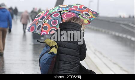 Eine Frau geht bei Hamburger Schietwetter mit einem Regenschirm die Jan-Fedder-Promenade entlang. Altstadt Hamburg *** Eine Frau spaziert entlang der Jan Fedder Promenade mit einem Sonnenschirm in Hamburgs schlechtes Wetter Altstadt Hamburg Stockfoto