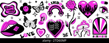 Y2K 2000er Jahre schwarze Grunge Emo Gothic Ästhetik Aufkleber, Tattoo Art Elemente und Slogan. Punk Rock düsteres Set. Gotisches Konzept gruseliger Liebe. Vektor Stock Vektor