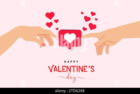 Happy Valentines Day Konzept mit Händen aus der Erschaffung von Adam und herzhafter Taste. Hände von Liebenden, die das Symbol der Liebe berühren. Vektorabbildung Stock Vektor