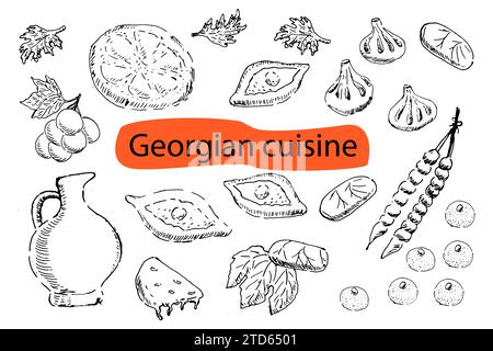 Set georgianischer Esselemente in Doodle-Form. Vektor-Illustration kann für georgien Menü Hintergrund, Hintergrund, Banner und Flyer verwendet werden. Skizzieren Sie ein Set von Speisen der georgia Cuisine im handgezeichneten Skizzenstil. Stock Vektor