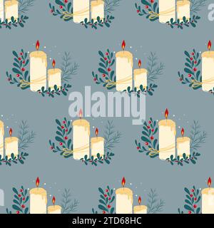 Elegantes nahtloses Muster mit warmer Komposition aus zwei Kerzen und Winterpflanzen. Stock Vektor