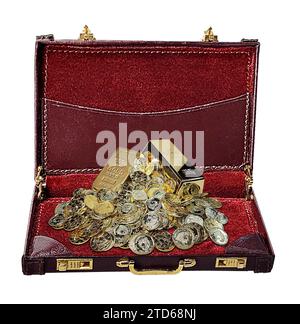 Offene Aktentasche aus Leder voller Gold Stockfoto