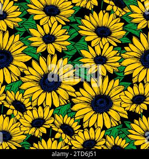 Nahtloses Muster großer gelber Blumen, sich wiederholendes Design, Textur, Hintergrund Stockfoto