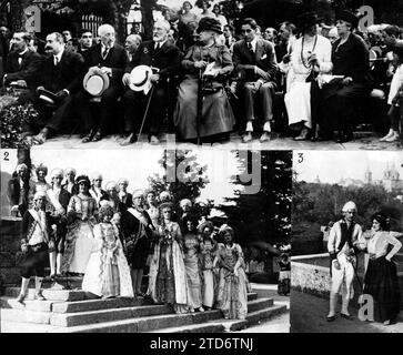 08/20/1922. San Lorenzo de el Escorial. Künstlerisches Festival. ISAR die Infantin Doña Isabel (A) der Minister für öffentliche Instruktion (B) und andere Distinguished People, die Zeugen der Feier sind, 2 und 3 zwei der Szenen, die von Distinguished Fans repräsentiert werden, 4. Die Öffentlichkeit in der Casita de Arriba. Quelle: Album / Archivo ABC / José Zegri Stockfoto