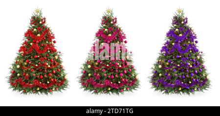 Weihnachtsbäume, dekoriert in verschiedenen Farben isoliert auf weiß, Sammlung Stockfoto