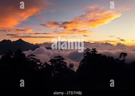 Wolken, die sich unter dem Nenggao Peak, Tianchi Lodge, Nantou, Taiwan, erheben Stockfoto