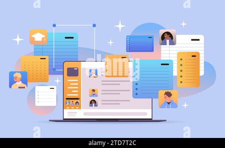 Kombinieren Sie die Gruppe der Teilnehmer, die sich Notizen machen und persönliche Informationen auf dem Laptop-Bildschirm organisieren, virtuelle Konferenz, Schulungstag, E-Learning Stock Vektor