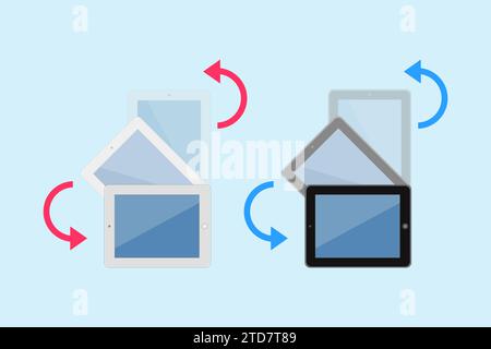 Drehen des digitalen Tablet-Bildschirms. Einfache visuelle Anweisungen zur Verwendung der Registerkarte „Display“ für die Bilddrehung in die horizontale Position. Flacher Vektor isoliert auf Stock Vektor