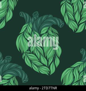 Nahtloses Vektor-Muster mit gesunden menschlichen Herzen aus Blättern auf dunkelgrünem Hintergrund. Thema gesunde Organtransplantation. Stock Vektor