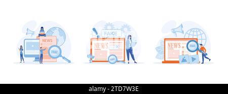 Fake News oder Fakt Scanning mit Lupe, Fake News Online Vektor oder falsche Informationen, die auf Websites und sozialen Medien verbreitet werden. Fake News 1 Satz Stock Vektor