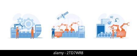Intelligente Industrie, innovative Fertigung. Intelligente industrielle Revolution.Ingenieur arbeitet mit interaktiver Schnittstelle. Intelligente Industrie: Flacher Vektormodus festlegen Stock Vektor