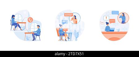 Callcenter, Hotline. Hotline-Bedienkonzept. Weltweiter Online-Support rund um die Uhr. Mädchen mit Kopfhörern kommuniziert mit dem Kunden. Hotline Operato Stock Vektor