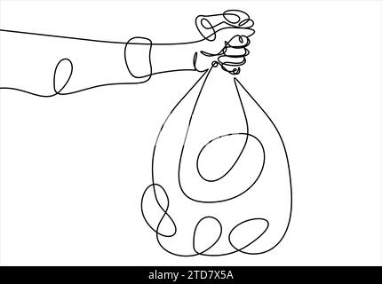 Die Hand hält einen Müllsack. Fortlaufende Linienzeichnung Stock Vektor