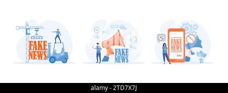 Hört auf Fake News und Fehlinformationen, Leute teilen Fake News in sozialen Medien, Fake News Metaphern. Fake News 2 setzt flache Vektor-moderne Illustration Stock Vektor